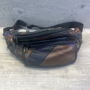 Boho 80s Fanny Pack Waist Bag Colorful Patchwork Genuine Leather 4 Zipper Pocket